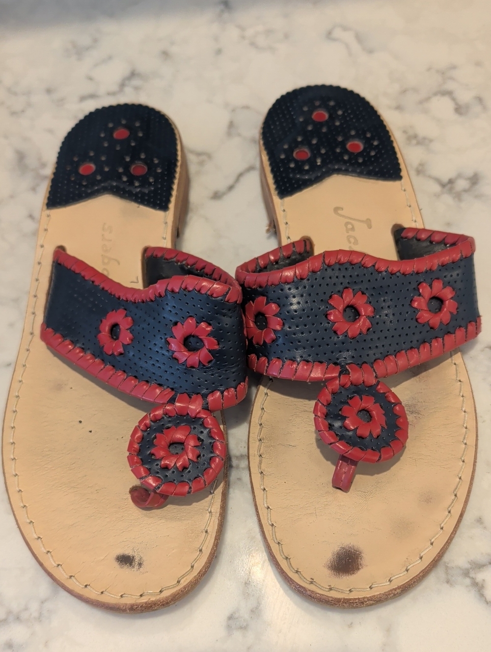 Jack Rogers Navy and Red Leather Floral Thong Sandals